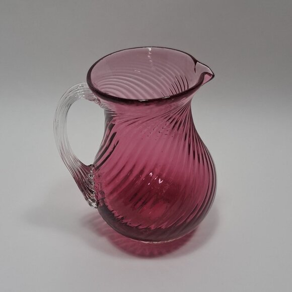 Pilgram Glass Cranberry Swirl Optic Rib Creamer Clear Reed Handle Hand Blown - Picture 1 of 8